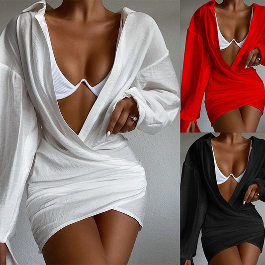 “Deep V-Neck Long Sleeve Mini Dress”.